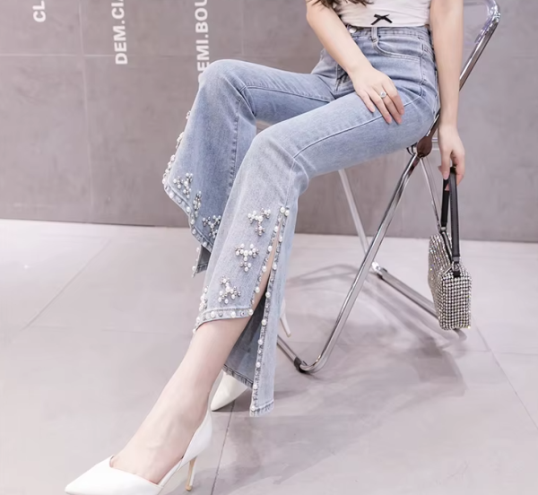 Casual Skinny Split High-waist Beading Pearl Chain Flared Pants - Image 6