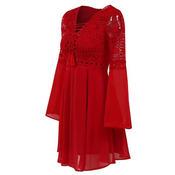 Casual Long Sleeve Ruffle Patchwork Chiffon A Line Mini Dress - Image 6