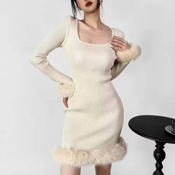 Spliced Faux Fur Shaggy Cuff Full Sleeve Square Neck Rib Knitted Sweater Dress