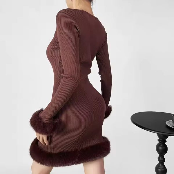 Spliced Faux Fur Shaggy Cuff Full Sleeve Square Neck Rib Knitted Sweater Dress - Image 3