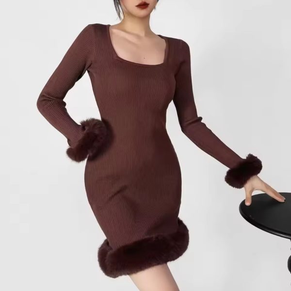 Spliced Faux Fur Shaggy Cuff Full Sleeve Square Neck Rib Knitted Sweater Dress - Image 2