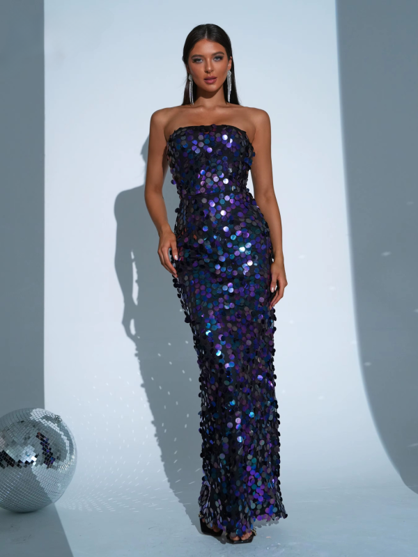 Strapless Shine Sequin Evening Gown Wedding Birthday Party Cocktail Prom Graduation Dress - Image 3