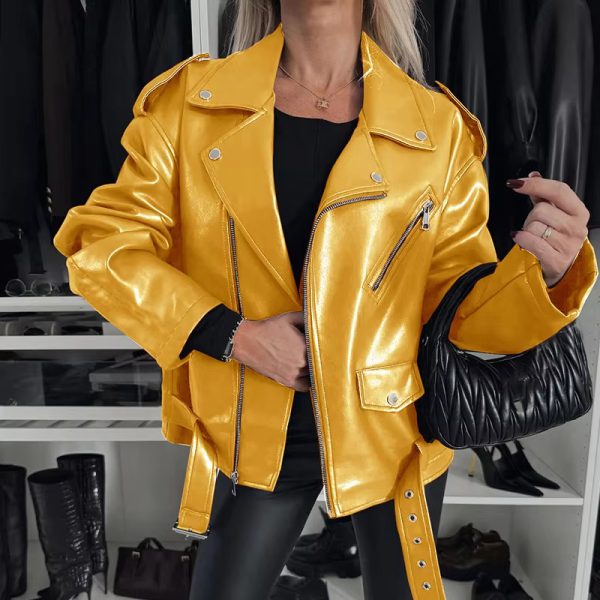 Trend Suit Collar Solid Color Short Glossy Zipper Leather Jackets - Image 5