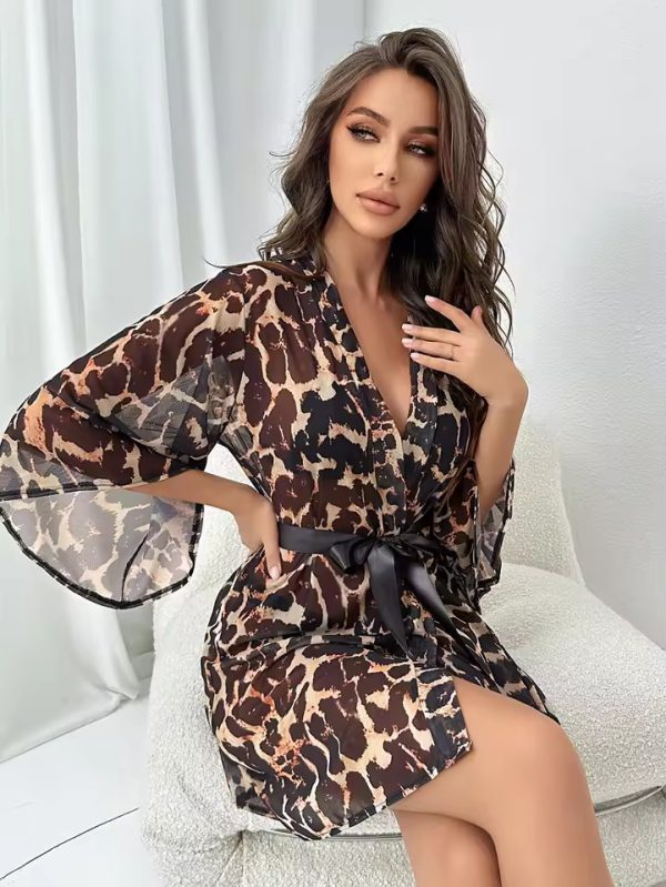 Trendy Belt Bath Robe Long Sleeve Leopard Kimono Sleepwear - Image 4