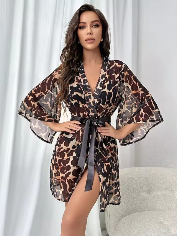 Trendy Belt Bath Robe Long Sleeve Leopard Kimono Sleepwear - Image 5