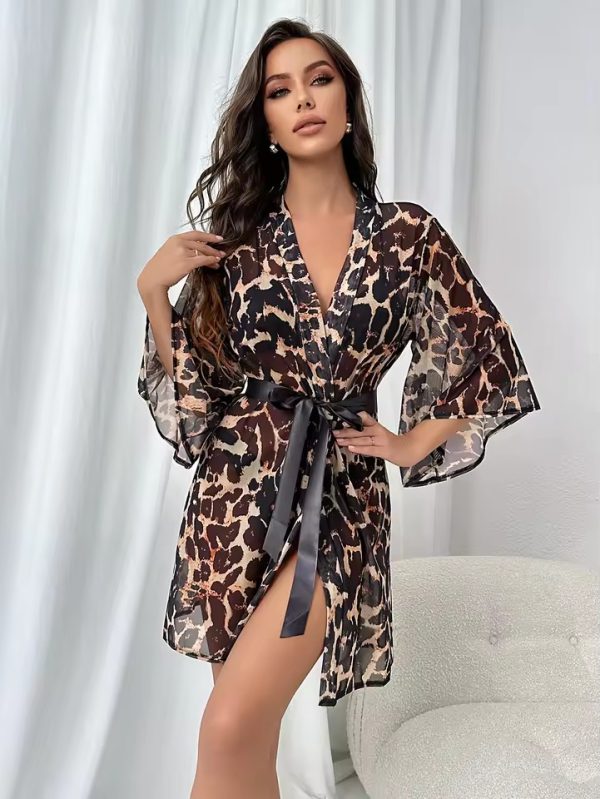 Trendy Belt Bath Robe Long Sleeve Leopard Kimono Sleepwear