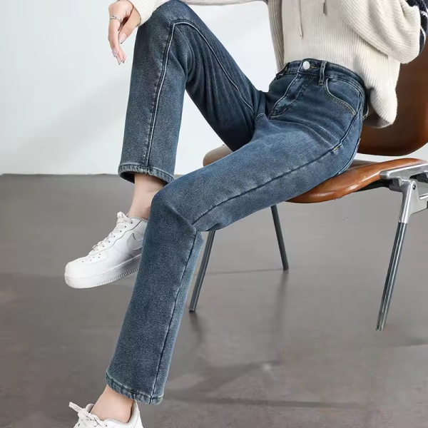 Trendy Fleece Elastic Cotton Thickened Warm Slim Straight Jeans