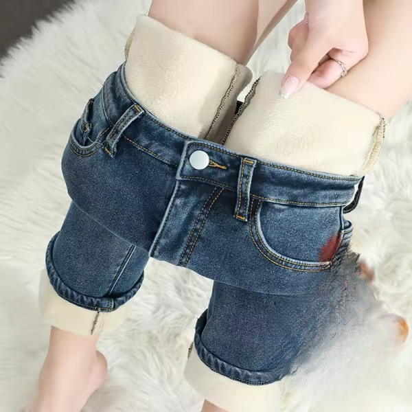 Trendy Fleece Elastic Cotton Thickened Warm Slim Straight Jeans - Image 2