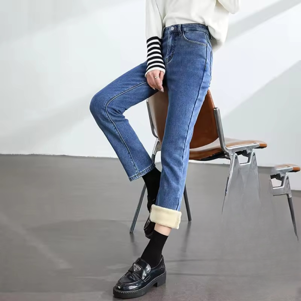 Trendy Fleece Elastic Cotton Thickened Warm Slim Straight Jeans - Image 4