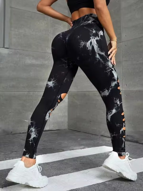 Trendy High Waist Hollow Out Tie Dye Stretchy Sports Leggings - Image 4