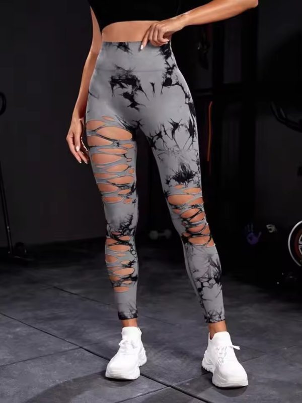 Trendy High Waist Hollow Out Tie Dye Stretchy Sports Leggings - Image 5