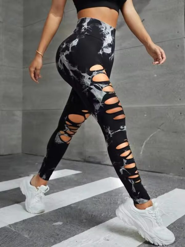 Trendy High Waist Hollow Out Tie Dye Stretchy Sports Leggings - Image 2