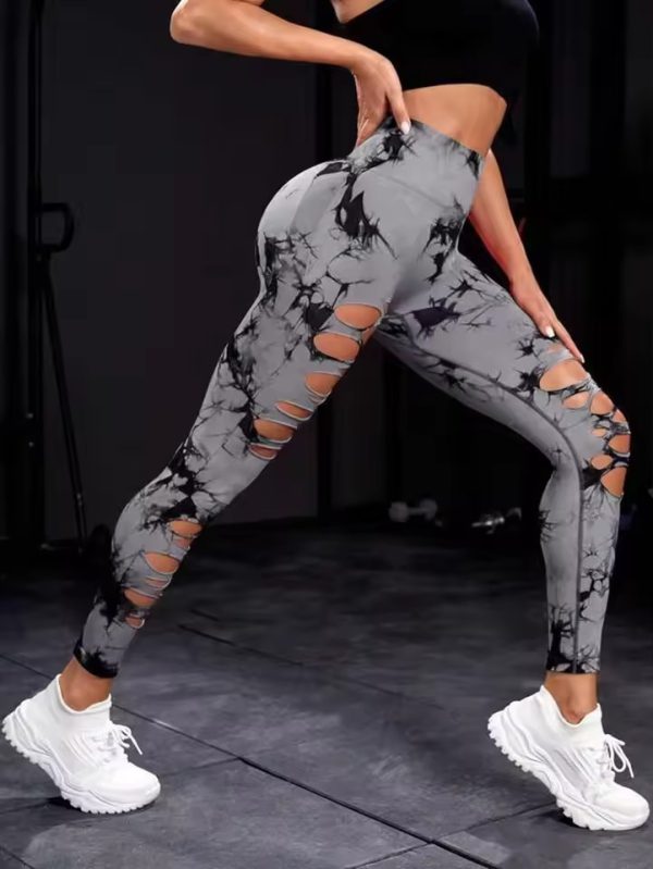 Trendy High Waist Hollow Out Tie Dye Stretchy Sports Leggings - Image 7