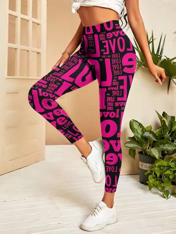 Trendy Love Letter Pattern Printing Fitness Middle Waist Leggins - Image 2