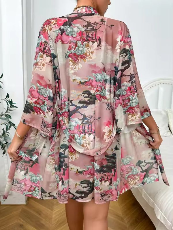 Trendy Mesh Bathrobe Belted Robe Above Knee Printed Kimono - Image 5