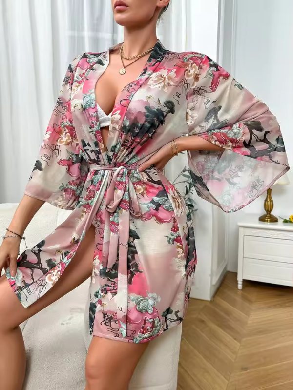 Trendy Mesh Bathrobe Belted Robe Above Knee Printed Kimono