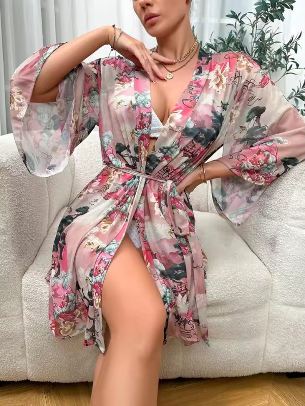 Trendy Mesh Bathrobe Belted Robe Above Knee Printed Kimono - Image 3