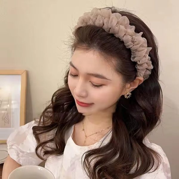 Trendy Solid Color Mesh Pleated Elegant Ruffle Hairband Headwear Hair Accessories