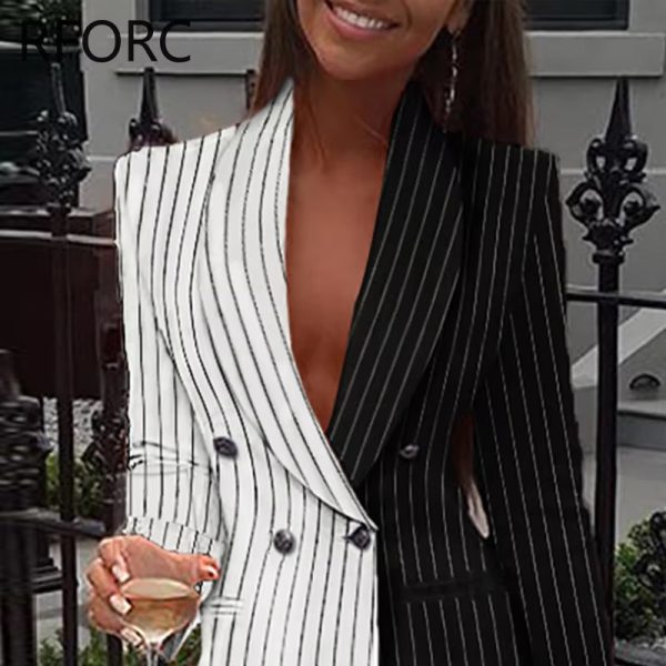 Trendy Striped Patchwork Notched Collar Double Breasted Mini Blazer - Image 4