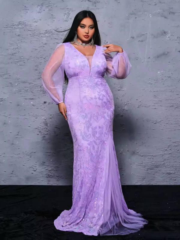 Tulle Lantern Sleeves V Neck Sequin Mermaid Evening Plus Size Maxi Dress - Image 5