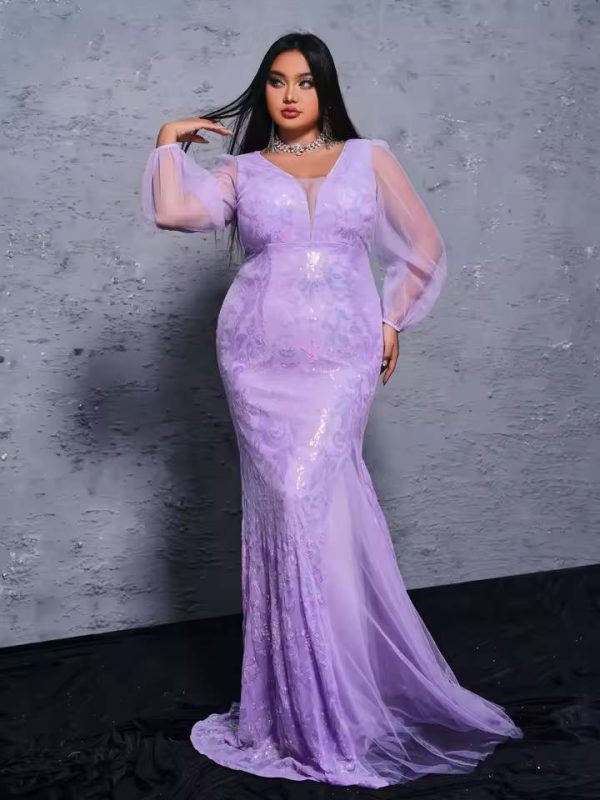 Tulle Lantern Sleeves V Neck Sequin Mermaid Evening Plus Size Maxi Dress