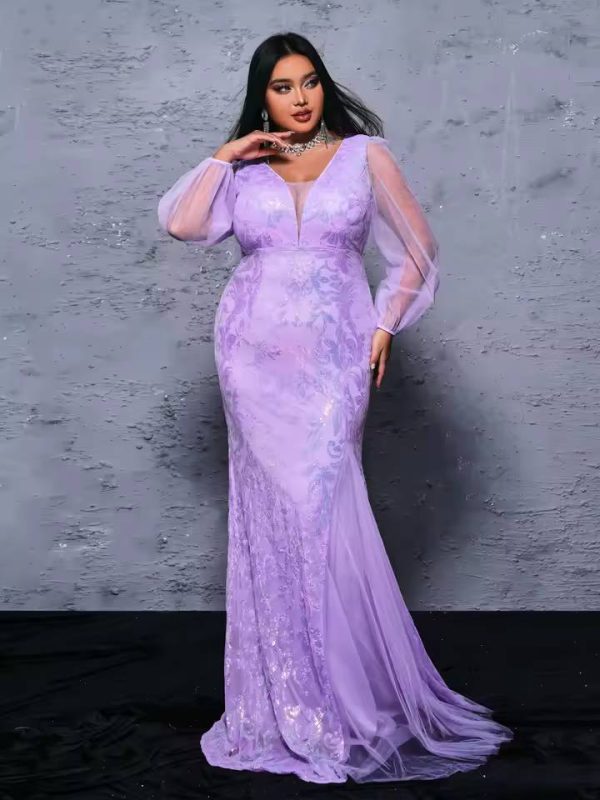 Tulle Lantern Sleeves V Neck Sequin Mermaid Evening Plus Size Maxi Dress - Image 4