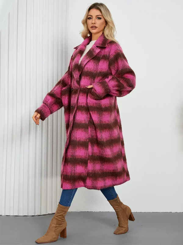 Turndown Collar Buttons Front Button Long Sleeves Plaid Outerwear Coats - Image 6