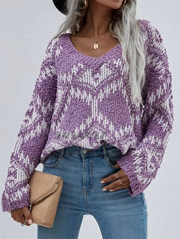 Vintage V-neck Thick Pullovers Cross Jacquard Jumpers Knitted Sweater