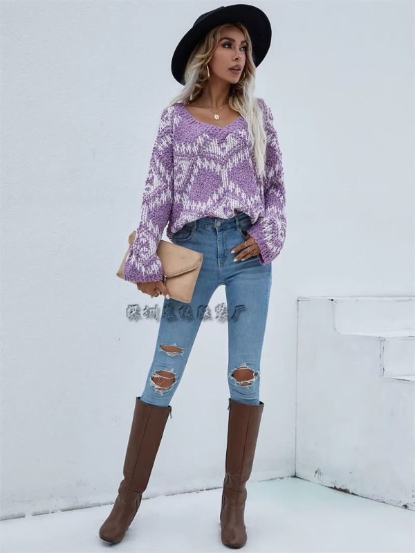 Vintage V-neck Thick Pullovers Cross Jacquard Jumpers Knitted Sweater - Image 2