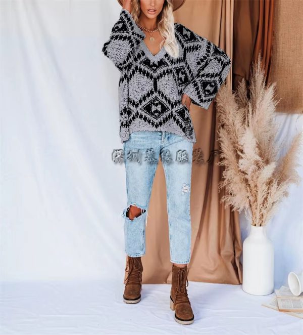 Vintage V-neck Thick Pullovers Cross Jacquard Jumpers Knitted Sweater - Image 10