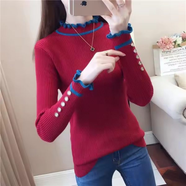 Vintage Half High Collar Ruffles Knitted Button Spliced Sweaters - Image 2