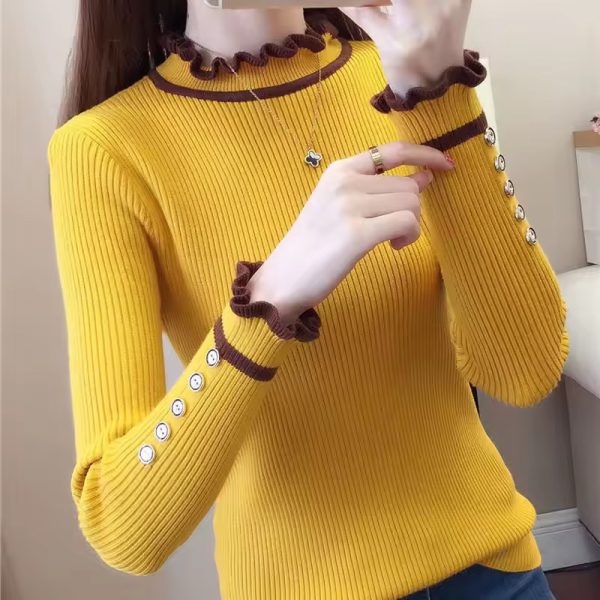 Vintage Half High Collar Ruffles Knitted Button Spliced Sweaters - Image 6