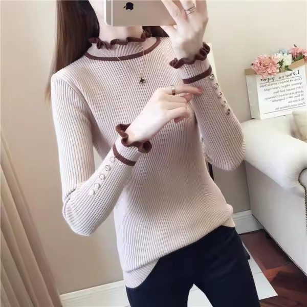 Vintage Half High Collar Ruffles Knitted Button Spliced Sweaters - Image 3