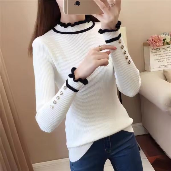 Vintage Half High Collar Ruffles Knitted Button Spliced Sweaters - Image 4