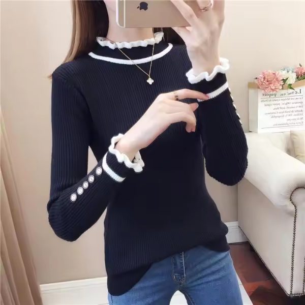 Vintage Half High Collar Ruffles Knitted Button Spliced Sweaters - Image 5