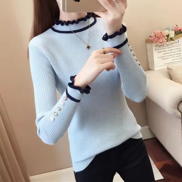 Vintage Half High Collar Ruffles Knitted Button Spliced Sweaters