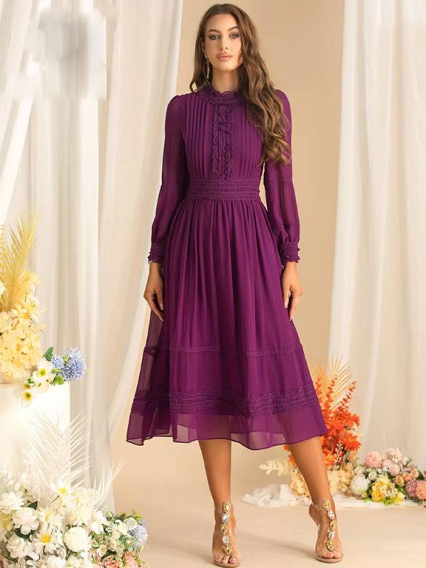 Vintage Long Sleeve High Waist Lace Splicing Stand Collar Midi Dress - Image 2