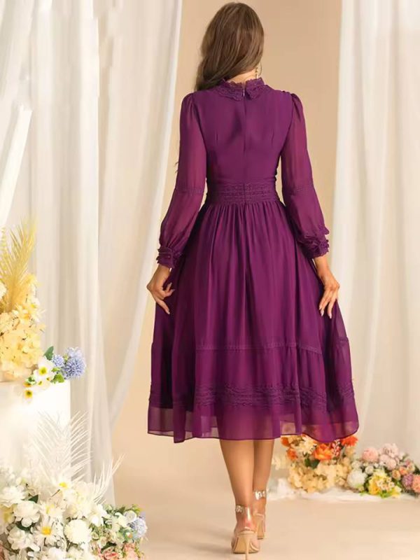 Vintage Long Sleeve High Waist Lace Splicing Stand Collar Midi Dress - Image 6