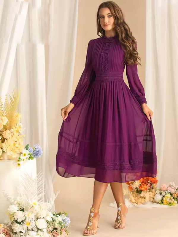 Vintage Long Sleeve High Waist Lace Splicing Stand Collar Midi Dress - Image 3