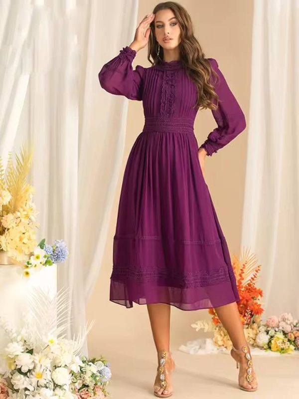 Vintage Long Sleeve High Waist Lace Splicing Stand Collar Midi Dress