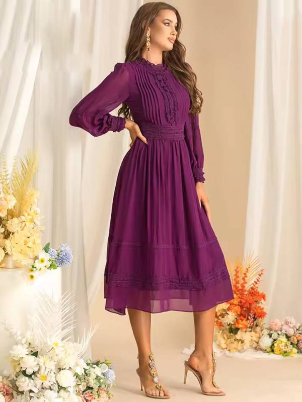 Vintage Long Sleeve High Waist Lace Splicing Stand Collar Midi Dress - Image 4