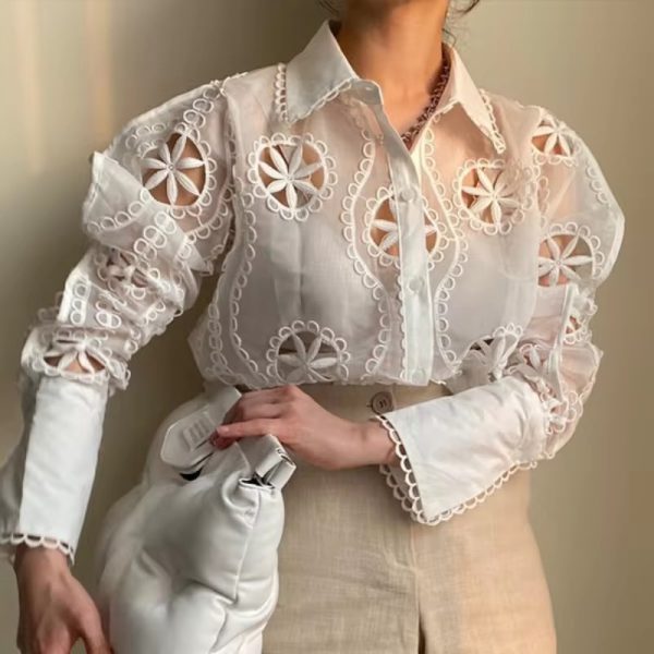 Vintage Long Sleeve Hollow Floral Embroidery Loose Shirt - Image 3