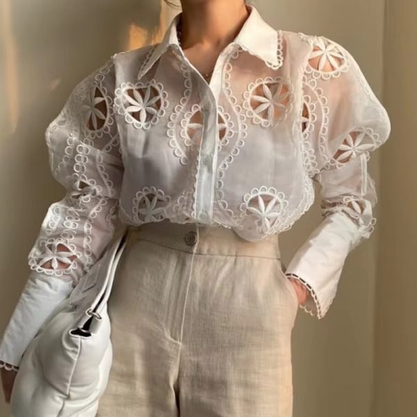 Vintage Long Sleeve Hollow Floral Embroidery Loose Shirt - Image 5