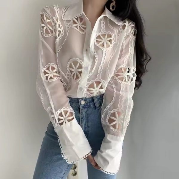 Vintage Long Sleeve Hollow Floral Embroidery Loose Shirt