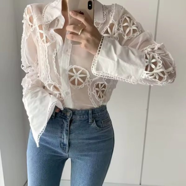 Vintage Long Sleeve Hollow Floral Embroidery Loose Shirt - Image 2