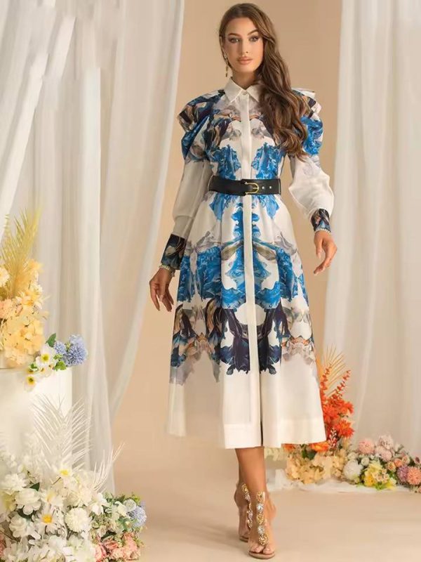 Vintage Long Sleeve Single-Breasted Print Midi Dress - Image 2