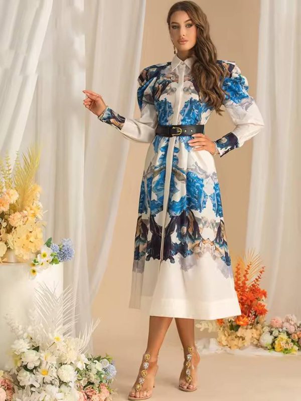 Vintage Long Sleeve Single-Breasted Print Midi Dress - Image 4