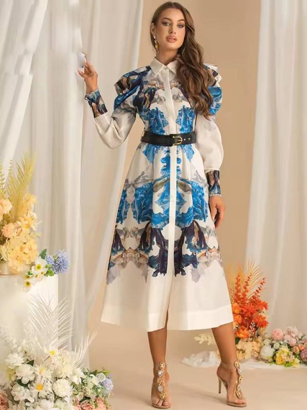 Vintage Long Sleeve Single-Breasted Print Midi Dress - Image 5