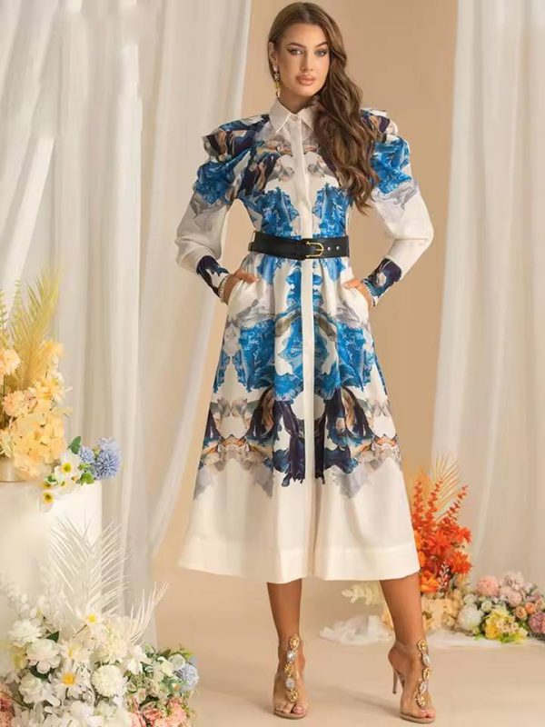 Vintage Long Sleeve Single-Breasted Print Midi Dress