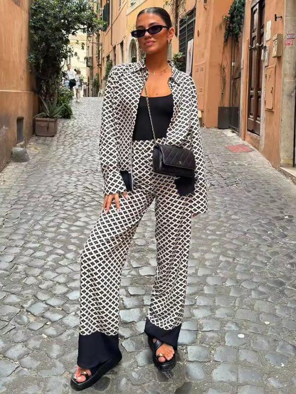 Vintage Print Long Sleeve Shirt And Trousers 2 Piece Set